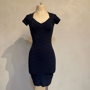 French Connection Blue Bodycon Dress with V-Neck Cap Sleeves and Knee-Length